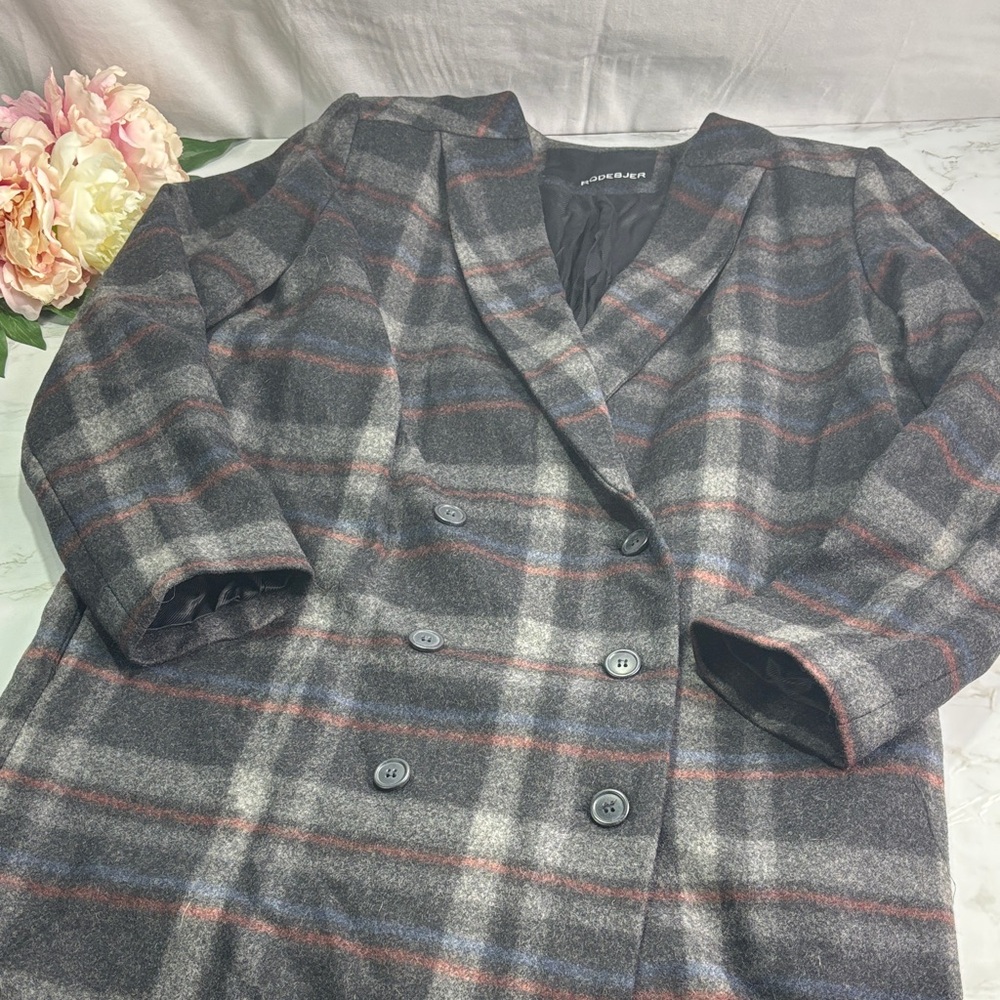 RODEBJER Womens Grey Plaid Double Breasted Wool Coat Size Medium EUC